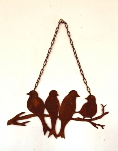 Vögel auf Ast mit Kette, B30H15cm, rost
